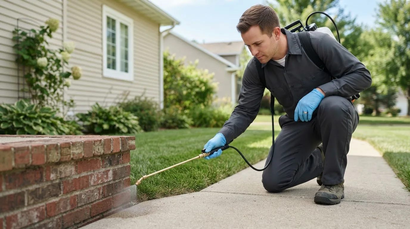 Pest control technician treating a home near Greenwich, KS