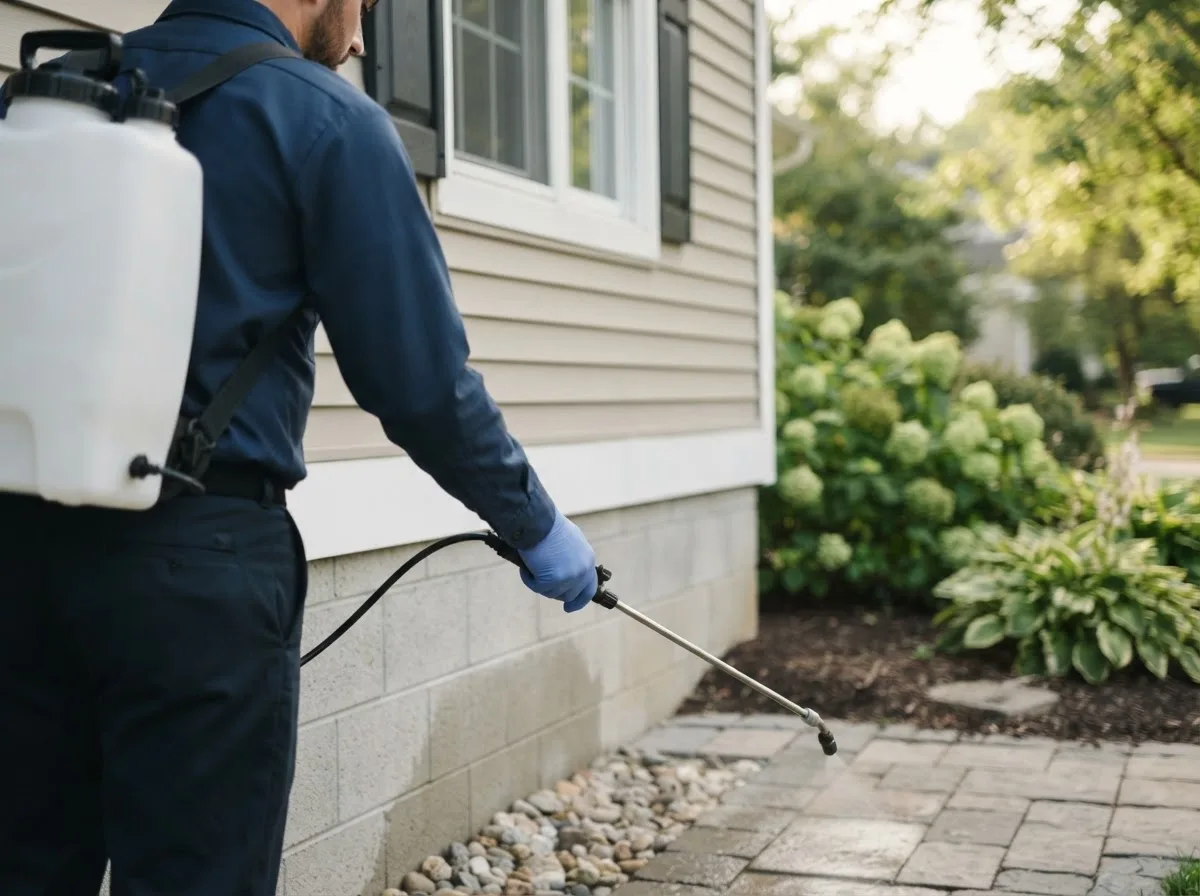 Pest control technician inspecting a home in Greenwich, KS